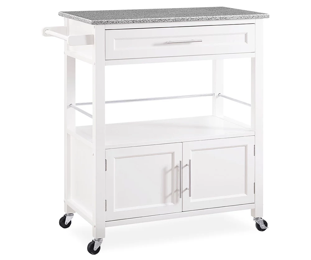 White Double Door Kitchen Cart with Granite Top - Stylish and Functional Storage Solution
