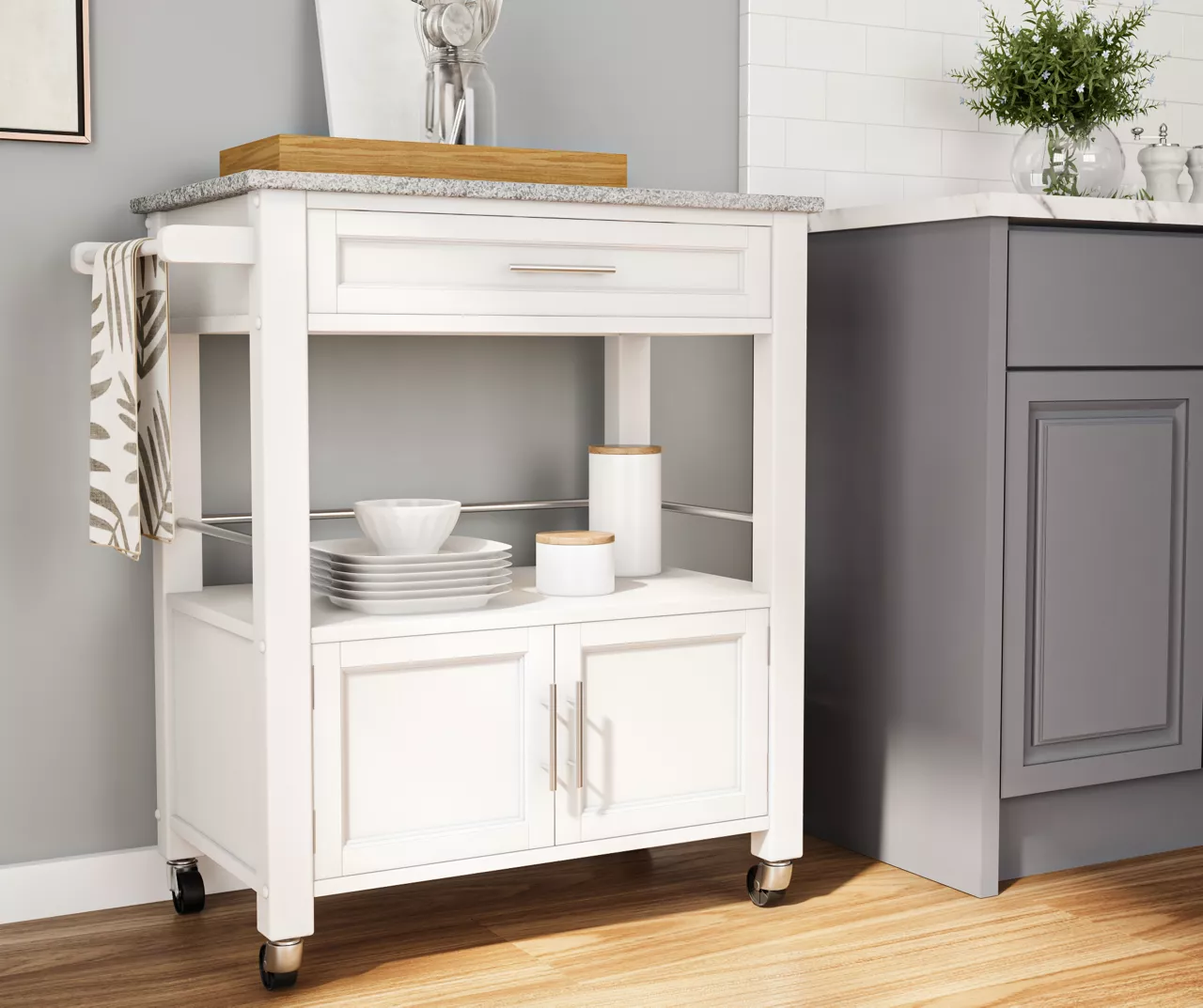 White Double Door Kitchen Cart with Granite Top - Stylish and Functional Storage Solution - Image 3