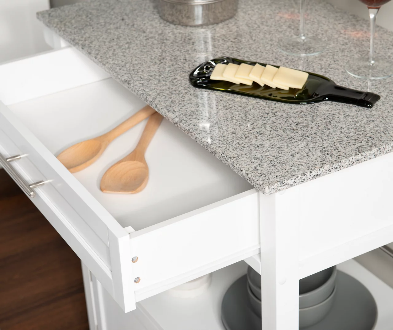 White Double Door Kitchen Cart with Granite Top - Stylish and Functional Storage Solution - Image 4