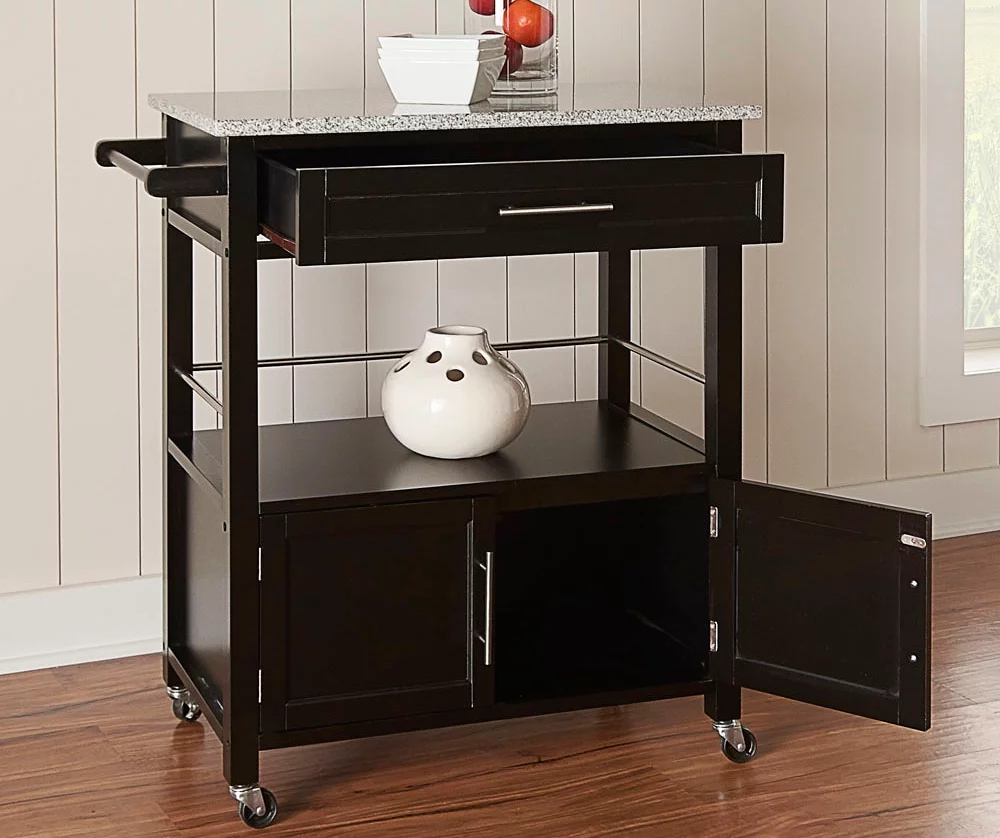 Black Double Door Kitchen Cart With Granite Top - Stylish & Functional Storage Solution - Image 2