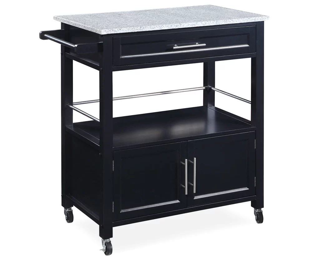 Black Double Door Kitchen Cart With Granite Top - Stylish & Functional Storage Solution