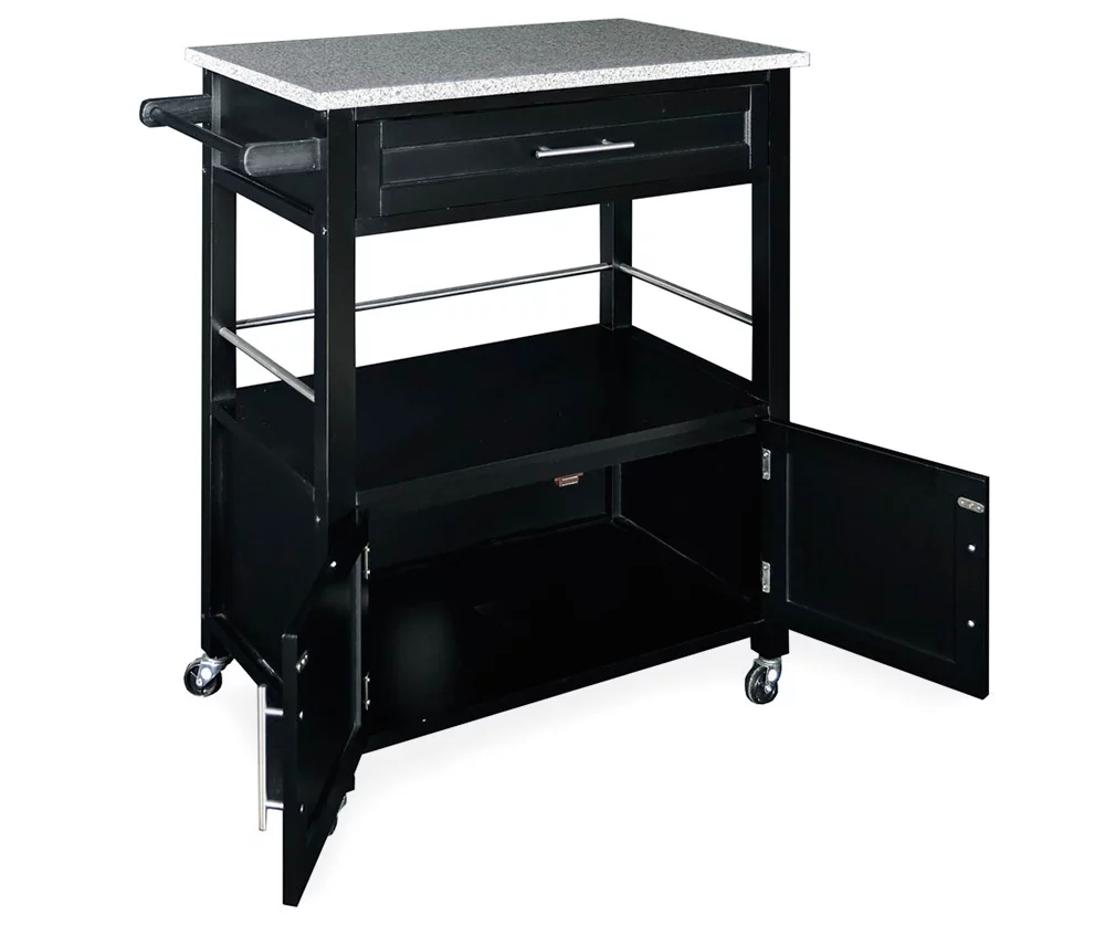 Black Double Door Kitchen Cart With Granite Top - Stylish & Functional Storage Solution - Image 3