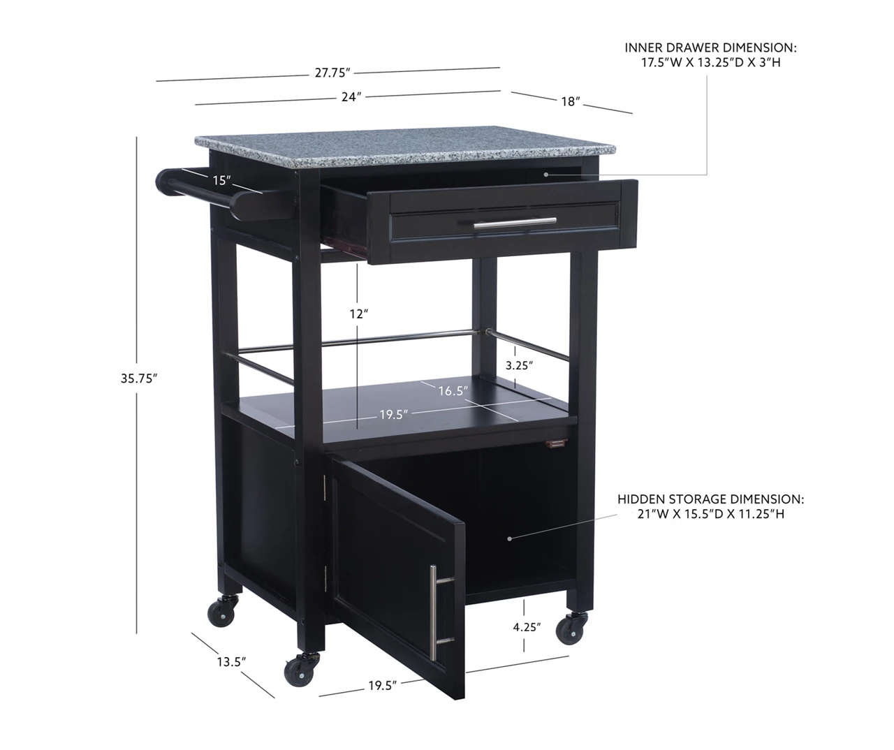 Ree Black Granite Top Kitchen Cart With Storage - Stylish & Functional Storage Cart - Image 11