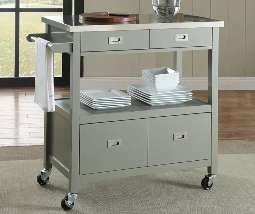Gray Steel Top Kitchen Cart With Drawers - Durable Rollable Storage Solution - Image 2