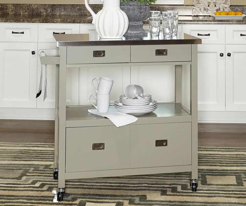 Gray Steel Top Kitchen Cart With Drawers - Durable Rollable Storage Solution - Image 3