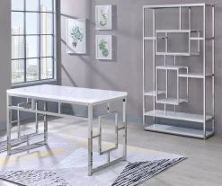 Alize White & Chrome Geometric Bookcase - Modern Bookshelf for Home & Office
