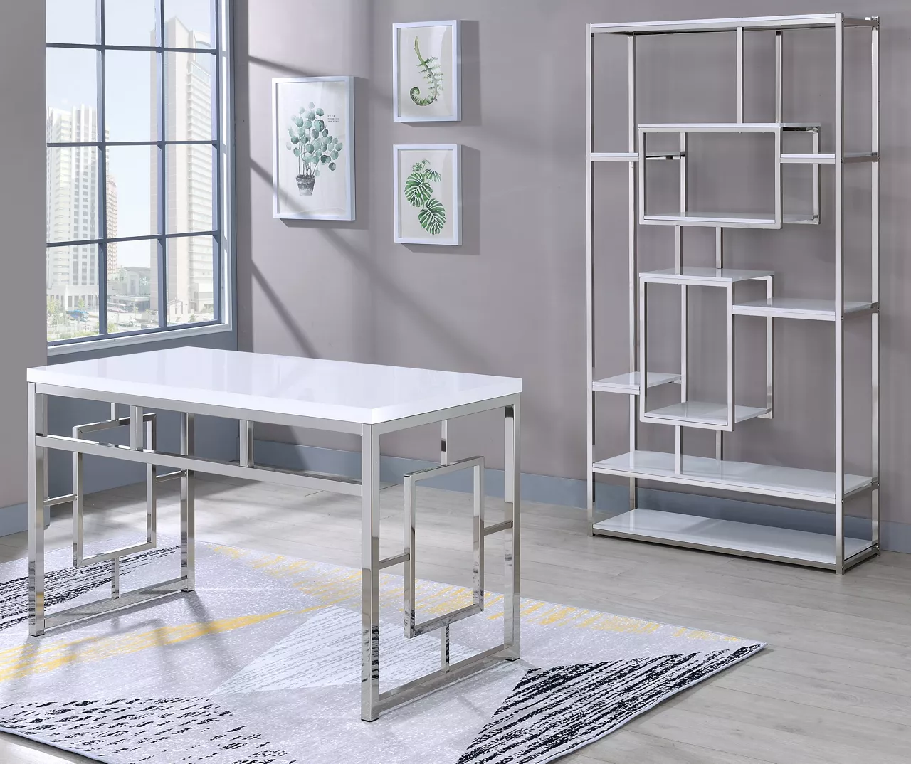 Alize White & Chrome Geometric Bookcase - Modern Bookshelf for Home & Office
