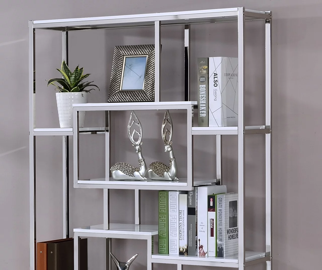 Alize White & Chrome Geometric Bookcase - Modern Bookshelf for Home & Office - Image 2