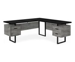 Faux Concrete & Black 3-Drawer L-Shaped Corner Desk - Modern Office Furniture