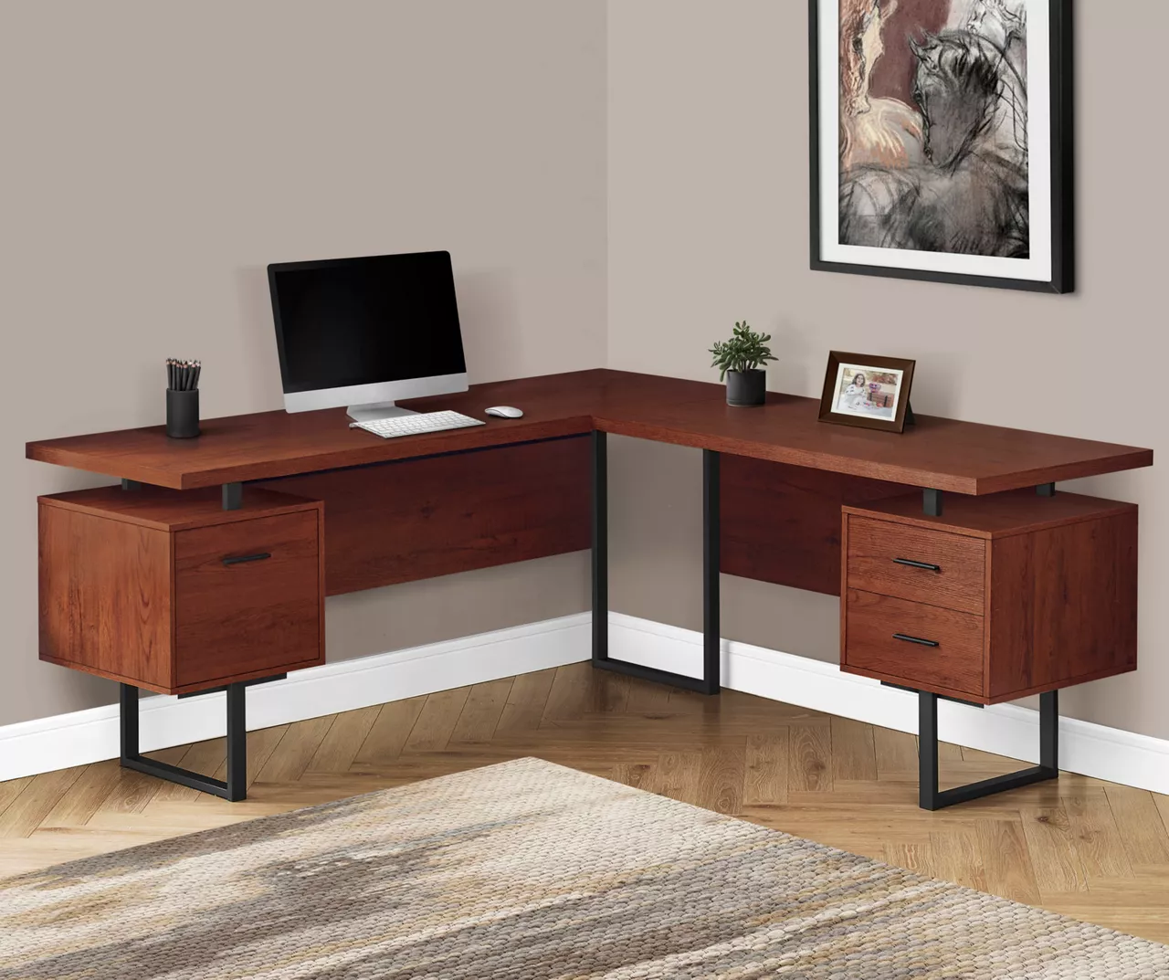 Cherry Wood Look 3-Drawer L-Shaped Corner Computer Desk - Compact & Stylish - Image 2