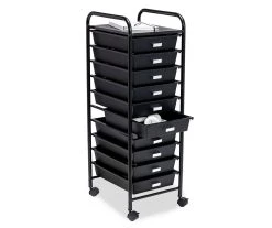 Black Metal 10-Drawer Rolling Storage Cart - Heavy Duty Mobile Organizer for Home or Office