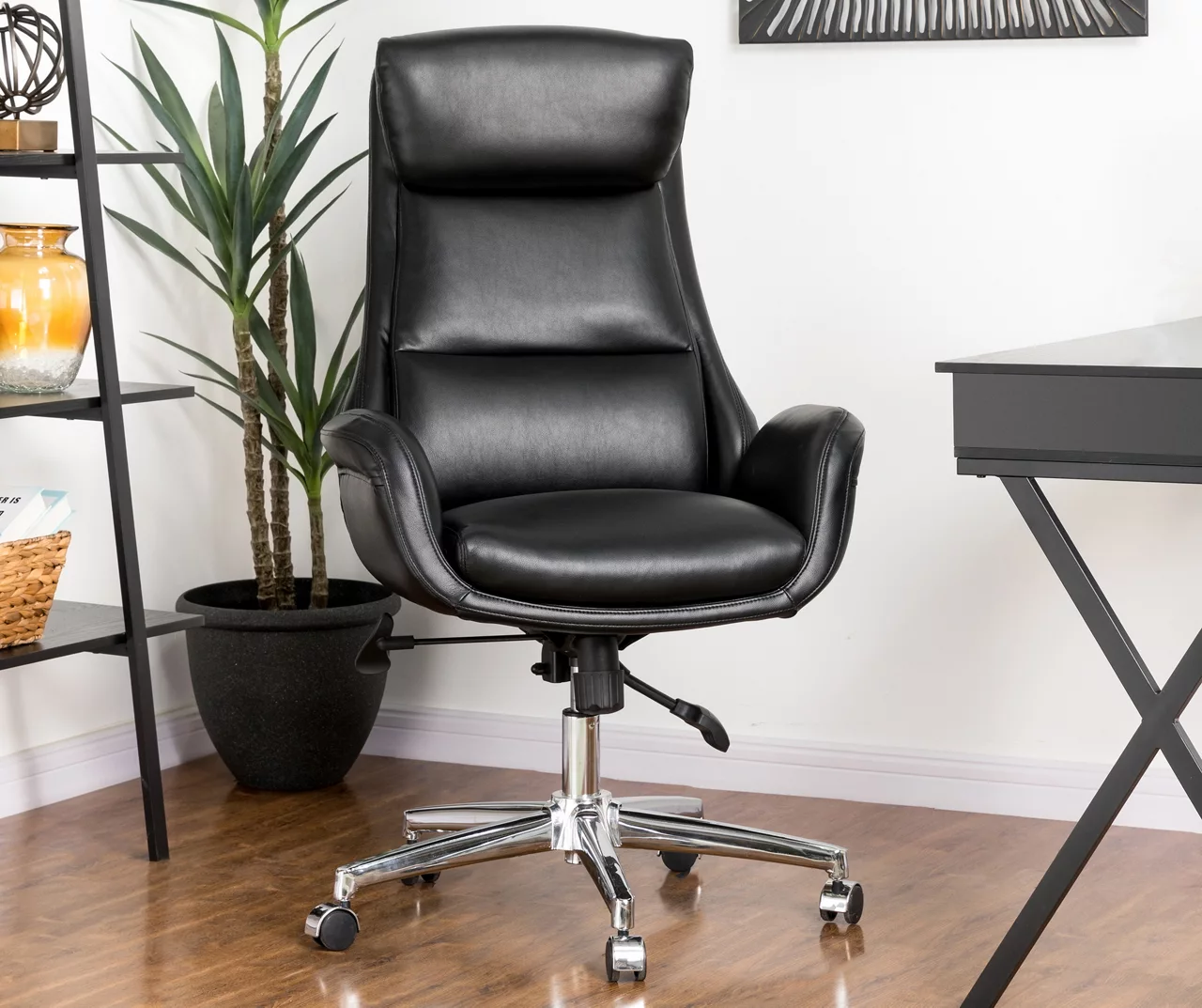 Black Mid-Century Modern Faux Leather Executive Office Chair - Ergonomic Comfort for Professionals - Image 2