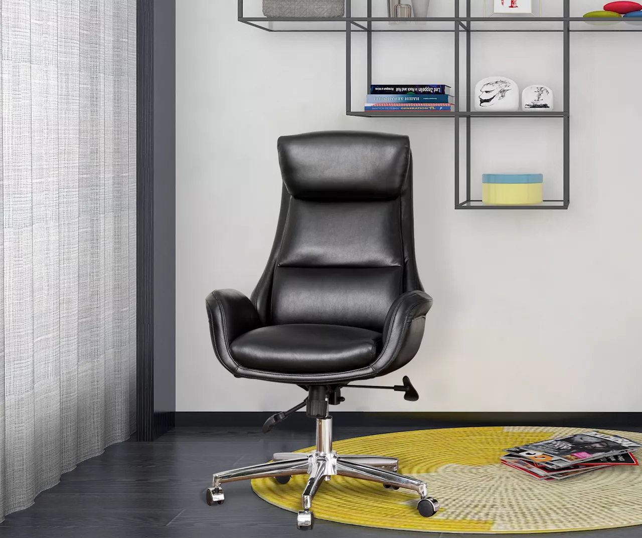 Black Mid-Century Modern Faux Leather Executive Office Chair - Ergonomic Comfort for Professionals - Image 3