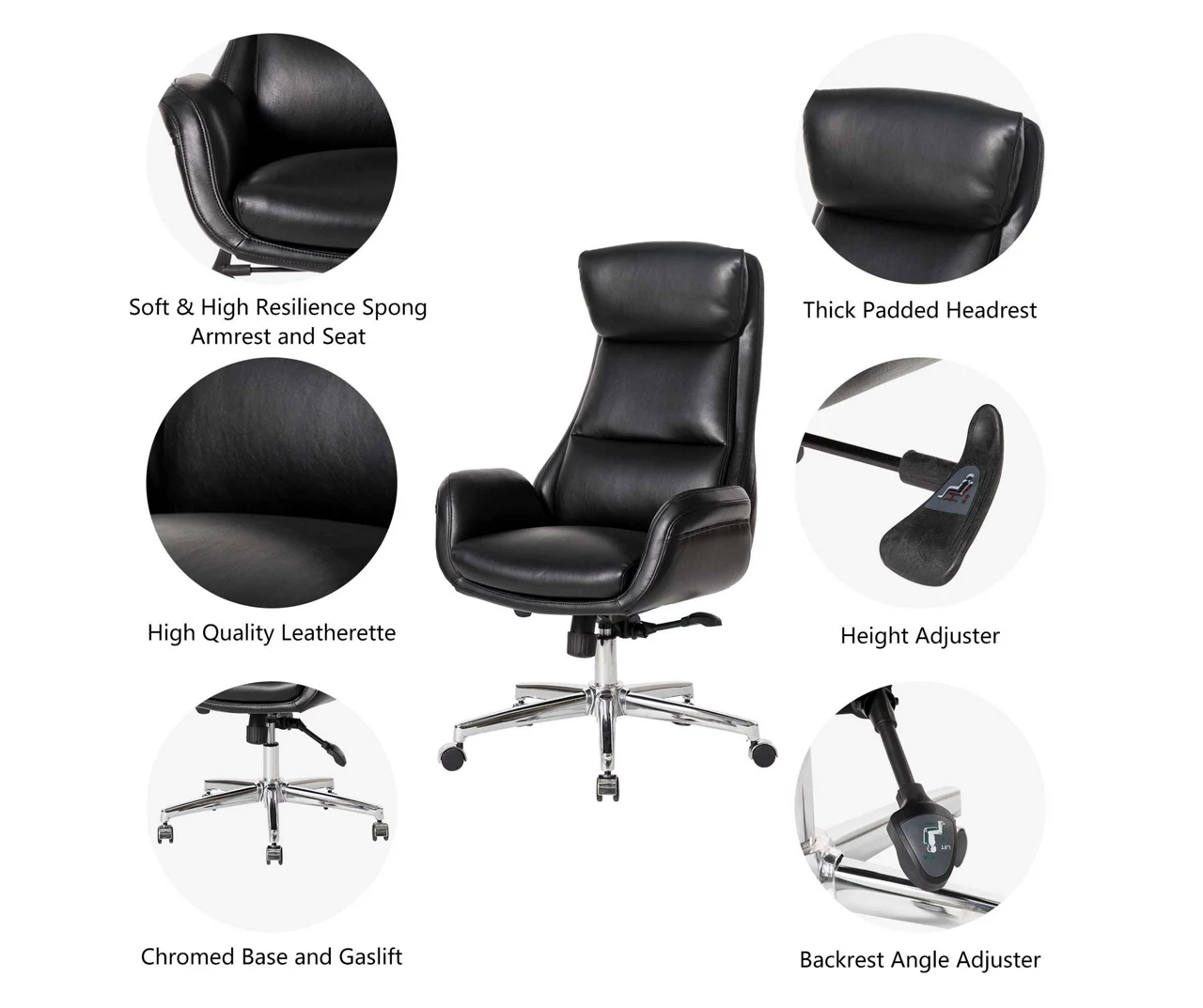 Black Mid-Century Modern Faux Leather Executive Office Chair - Ergonomic Comfort for Professionals - Image 6